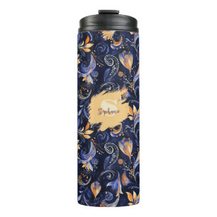 Blue and Gold Abstract Paisley Leaves Thermal Tumbler