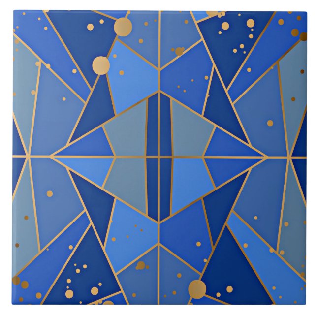 Blue and gold abstract pattern ceramic tile (Front)
