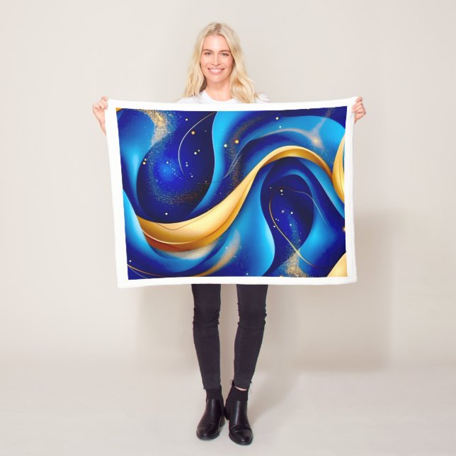 Blue and Gold Abstract Wave Fleece Blanket (In Situ)