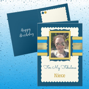 Blue and gold add photo niece birthday card