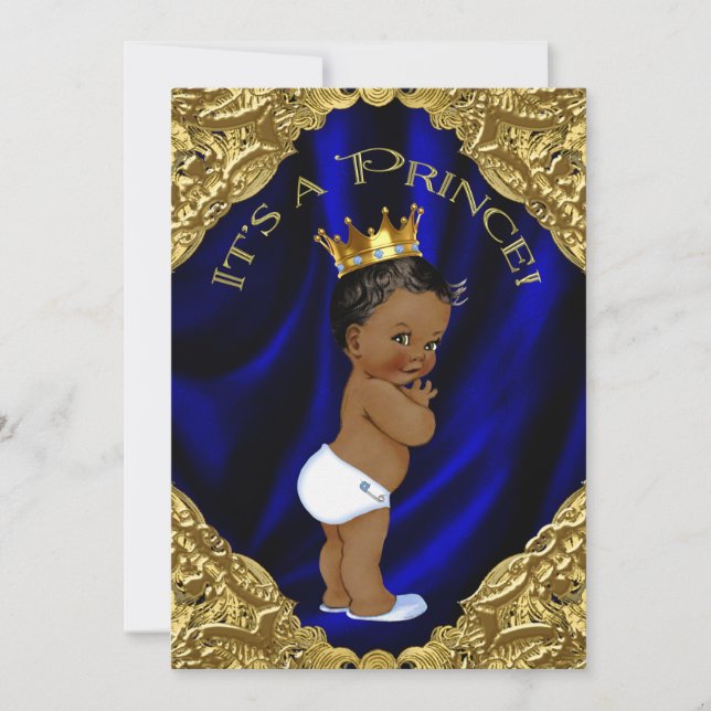 Blue and Gold African American Prince Baby Shower Invitation (Front)