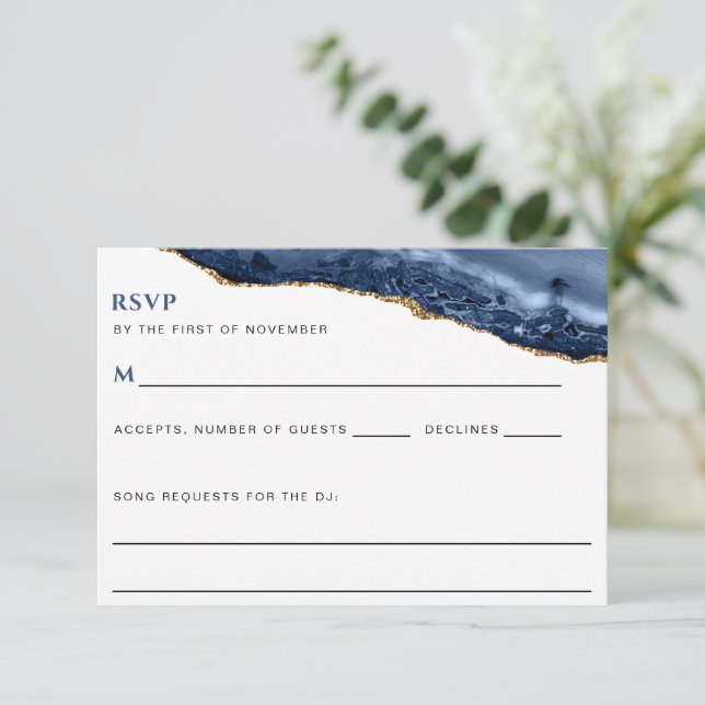 Blue and Gold Agate Border DJ Request Reply Card (Standing Front)