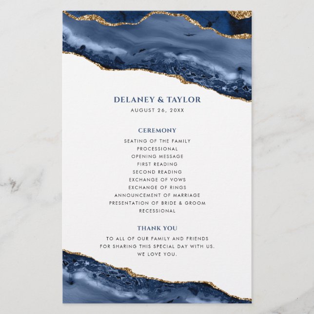Blue and Gold Agate Border Wedding Program (Front)