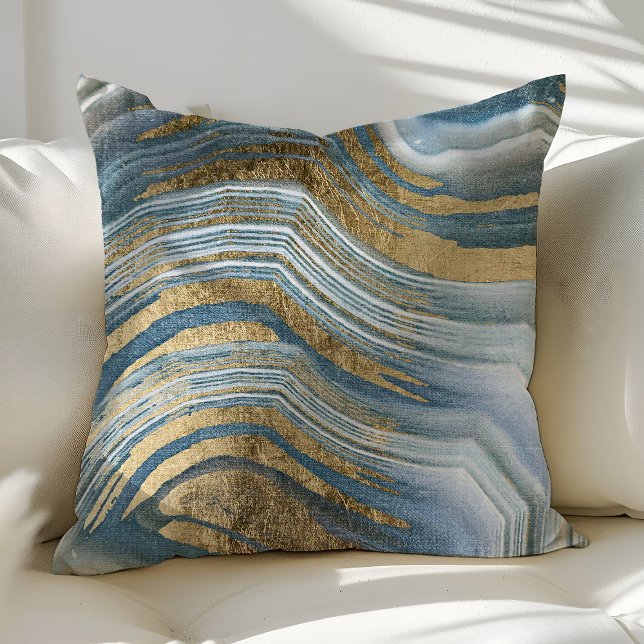 Blue And Gold Agate Gemstone Geode Modern Trendy Cushion (Creator Uploaded)