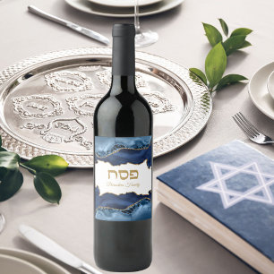 Blue and Gold Agate Hebrew Passover Seder Wine Label