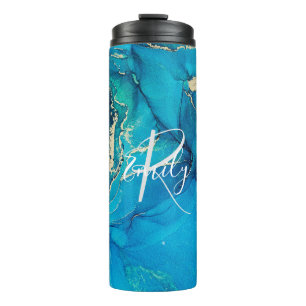 Blue and Gold Agate Marble Abstract Name Monogram  Thermal Tumbler