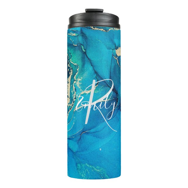 Blue and Gold Agate Marble Abstract Name Monogram  Thermal Tumbler (Front)