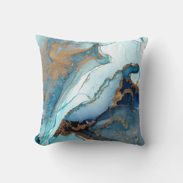 Blue and Gold Agate Marble Geode Kintsugi Cushion (Front)