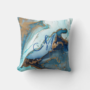 Blue and Gold Agate Marble Geode Kintsugi Monogram Cushion