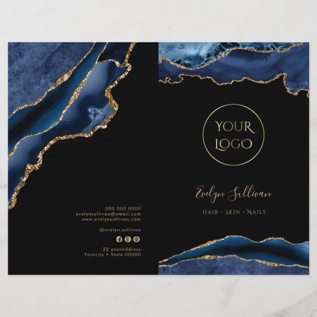 blue and gold agate service menu brochure (Front)