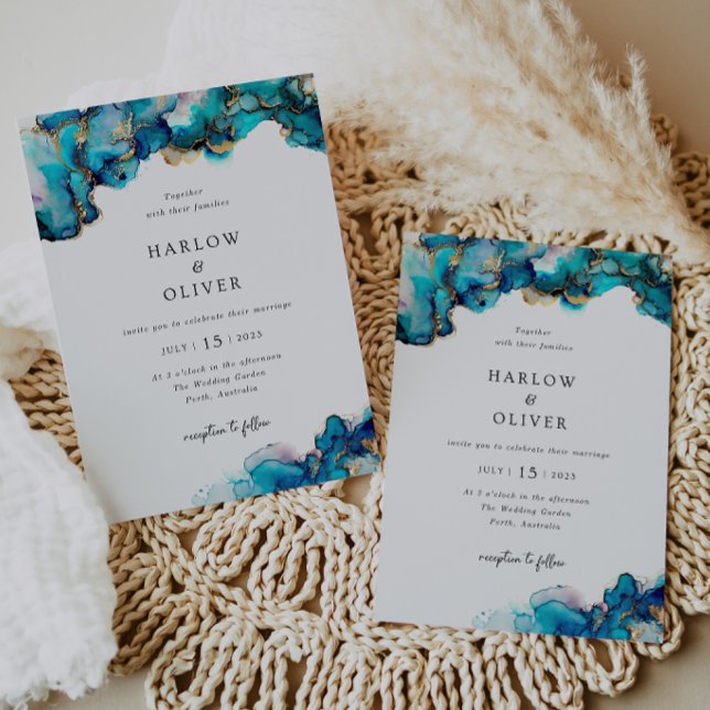 Blue and Gold Agate Wedding Invite (Creator Uploaded)