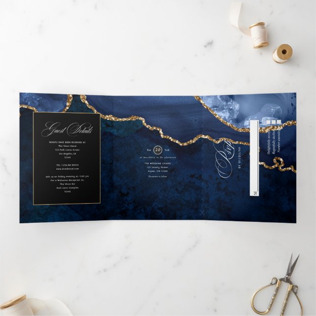 Blue and Gold Agate Wedding Tri-Fold Invitation (Inside)
