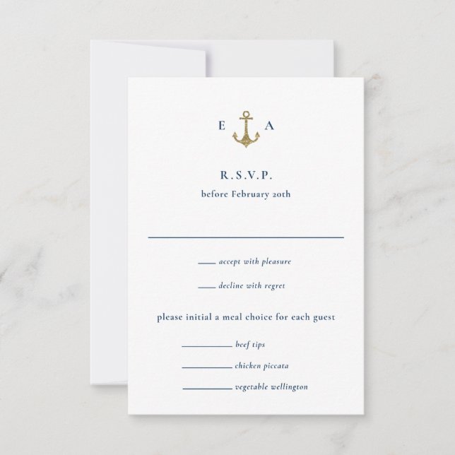 Blue and Gold Anchor Nautical Coastal Wedding RSVP Card (Front)