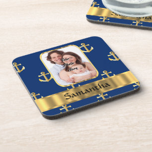 Blue and gold anchor patterned coaster