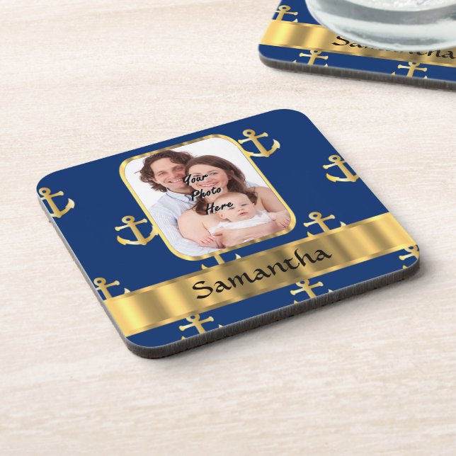 Blue and gold anchor patterned coaster (Left Side)