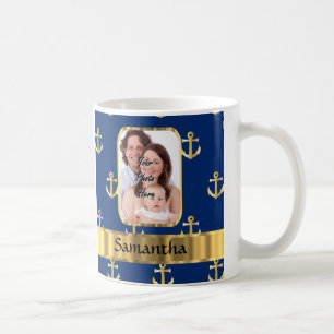 Blue and gold anchor patterned coffee mug
