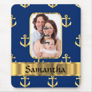 Blue and gold anchor patterned mouse pad