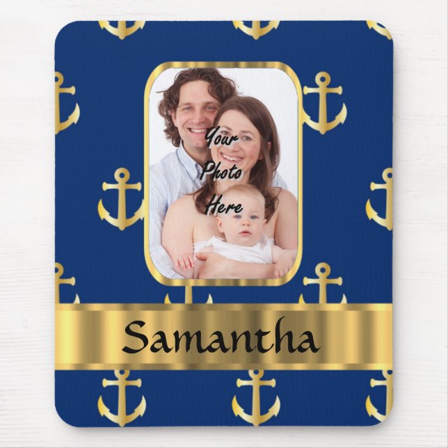 Blue and gold anchor patterned mouse pad (Front)
