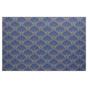 Blue and Gold Art Deco Fan Flowers Motif  Fabric