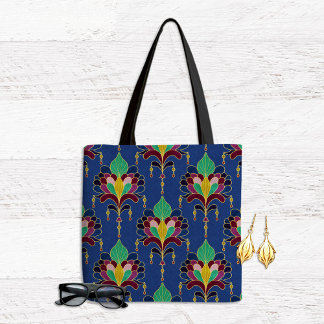Blue and Gold Art Deco Floral Ornament Tote Bag