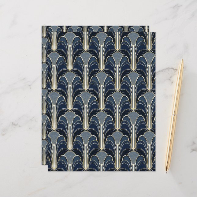 Blue and Gold Art Deco Fountain Scrapbook Paper (Front/Back In Situ)
