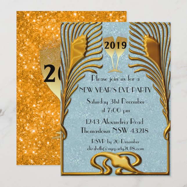 Blue and Gold Art Deco New Year's Eve Invitation (Front/Back)