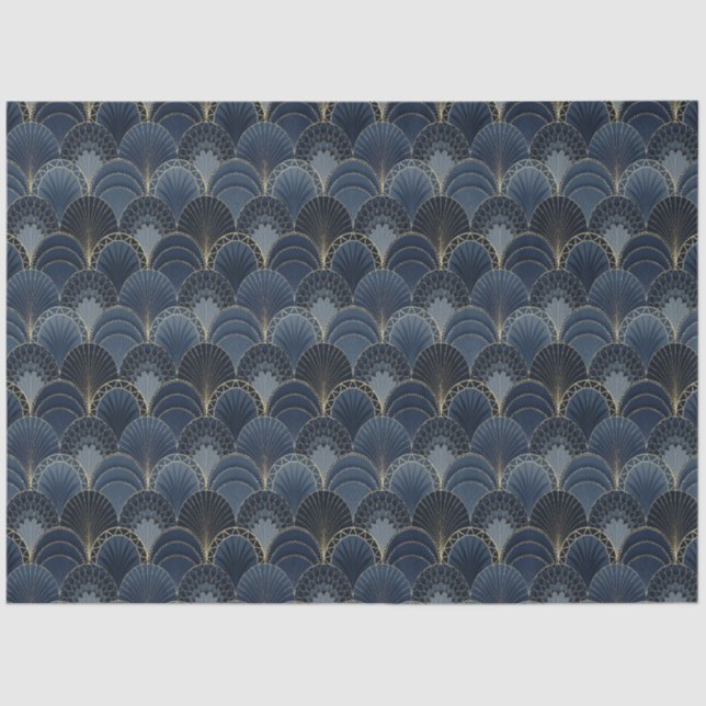 Blue and Gold Art Deco Scallop Luxury Decoupage Tissue Paper (Front)