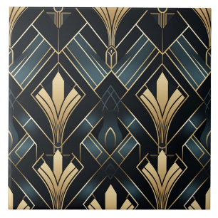 Blue and Gold Art Deco, Shiny and Dark Ceramic Tile