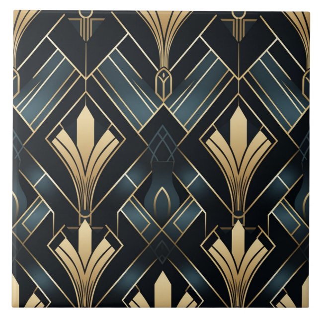 Blue and Gold Art Deco, Shiny and Dark Ceramic Tile (Front)