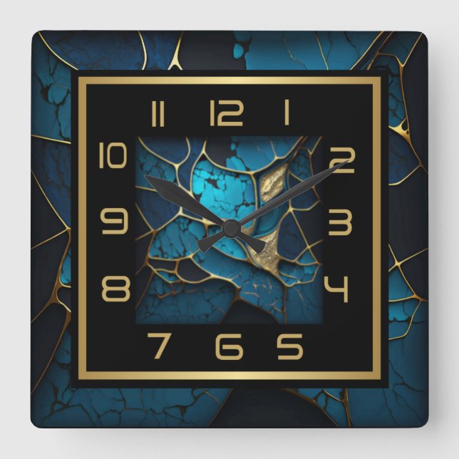 Blue and gold Art Deco Square Wall Clock (Front)