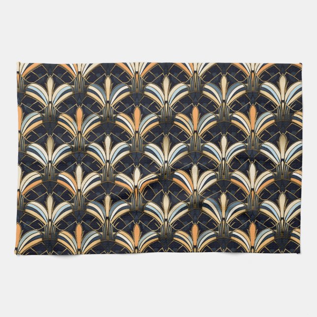 Blue and Gold Art Deco Tea Towel (Horizontal)