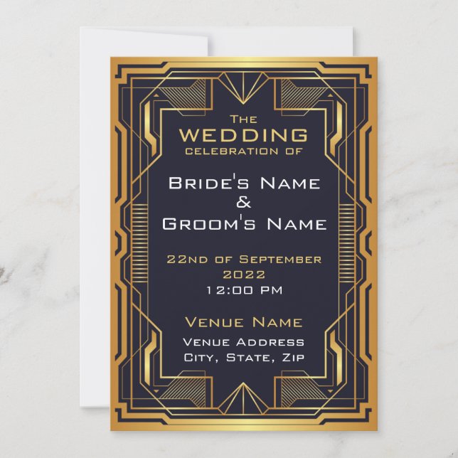Blue and Gold Art Deco Wedding Invitation (Front)