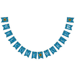 Blue and Gold  Baby Shower Welcome World Footprint Bunting