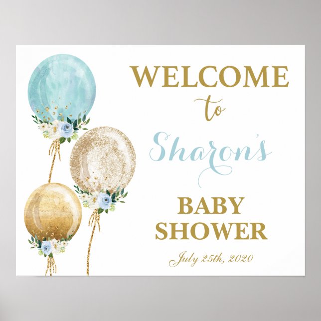 Blue and Gold balloon baby shower boy welcome sign (Front)