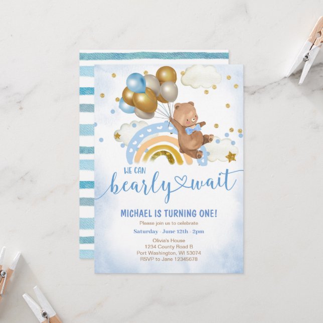 Blue and Gold Balloon Teddy Bear Birthday Party  Invitation (Front/Back In Situ)