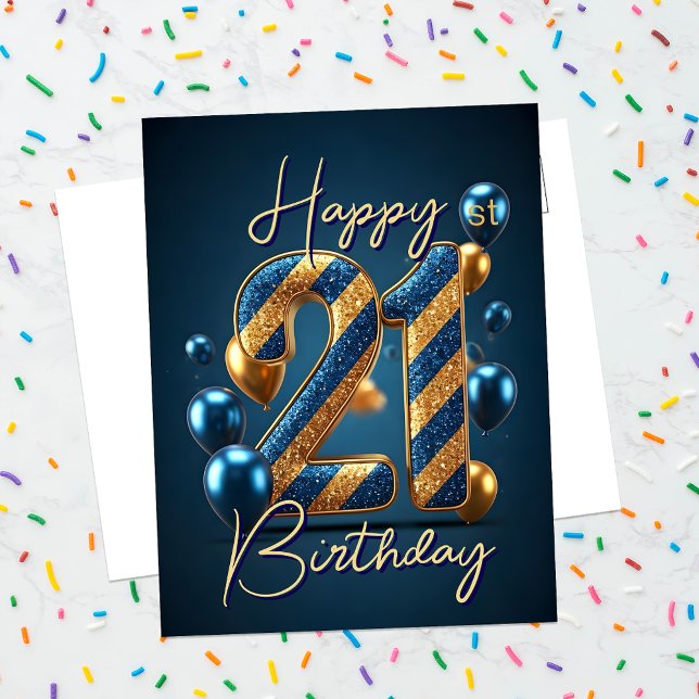 Blue and Gold Balloons and Stripes 21st Birthday Postcard (Creator Uploaded)