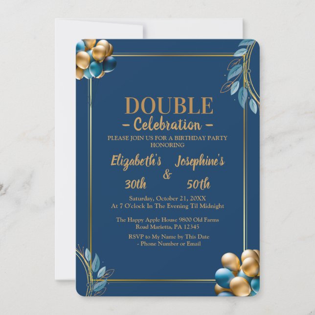 Blue and gold balloons double joint birthday invitation (Front)