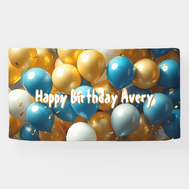Blue and Gold Balloons | Personalised Birthday Banner (Horizontal)