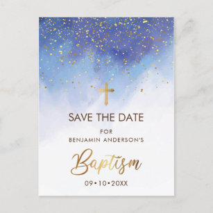 Blue and Gold Baptism Save The Date Postcard