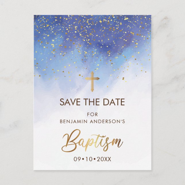 Blue and Gold Baptism Save The Date Postcard (Front)