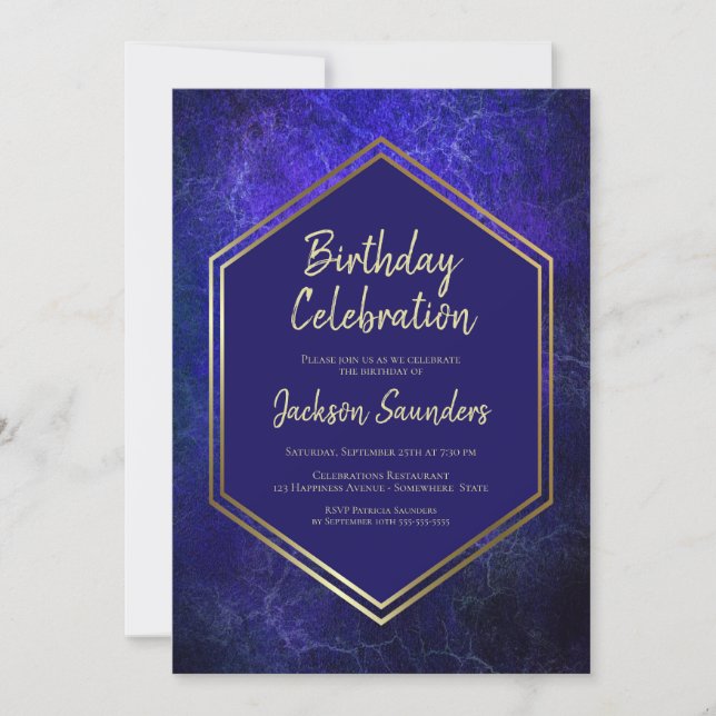 Blue and Gold Birthday Party Invitation (Front)