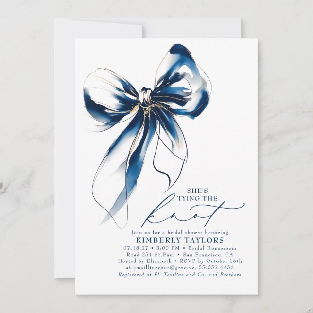 Blue and Gold Bow Elegant Whimsical Bridal Shower Invitation (Front)