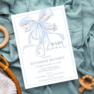 Blue and Gold Bow Romantic Chic Baby Shower Boy Invitation