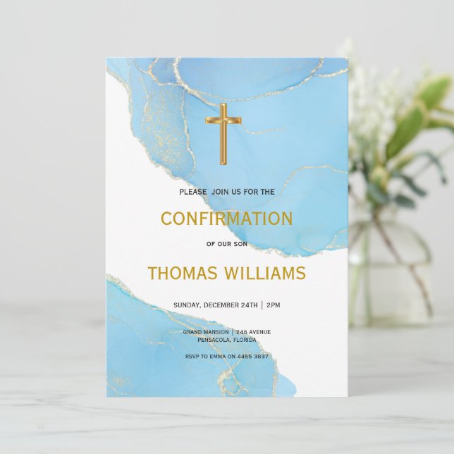 Blue and Gold Boy Confirmation  Invitation (Standing Front)
