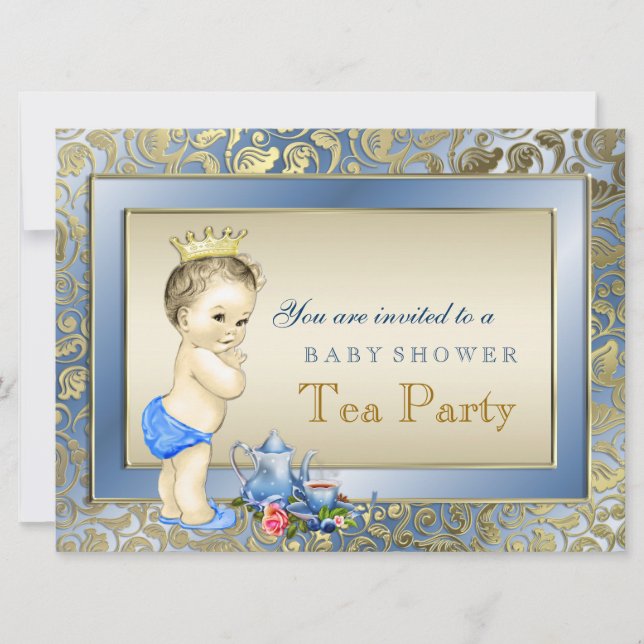 Blue and Gold Boys Tea Party Baby Shower Invitation (Front)