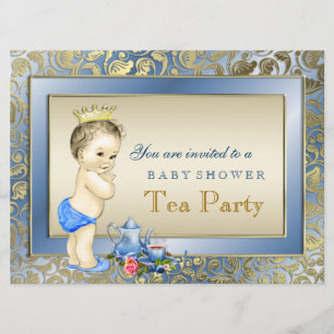 Blue and Gold Boys Tea Party Baby Shower Invitation