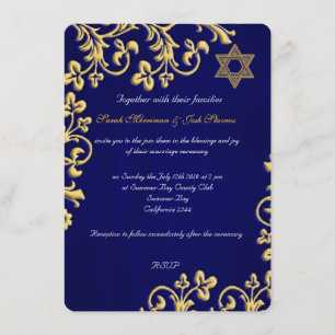 Blue and gold brocade Jewish wedding Invitation