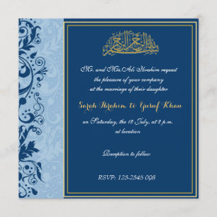 Blue and gold Brocade Muslim wedding Invitation