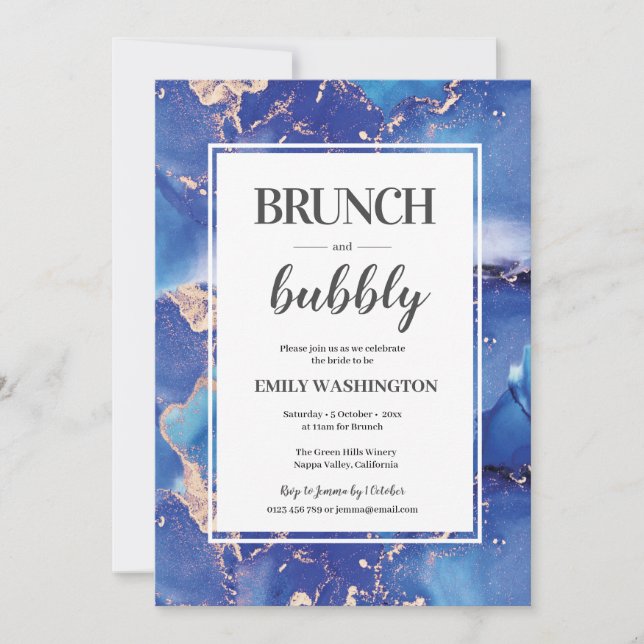 Blue and Gold Brunch & Bubbly Invitation (Front)