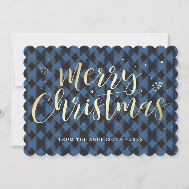 Blue and Gold Buffalo Plaid Typography Holiday Card (Front)